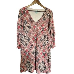 Maeve Anthropologie Dress Womens L Pink Multi Diamond Knit Long Sleeve Boho‎